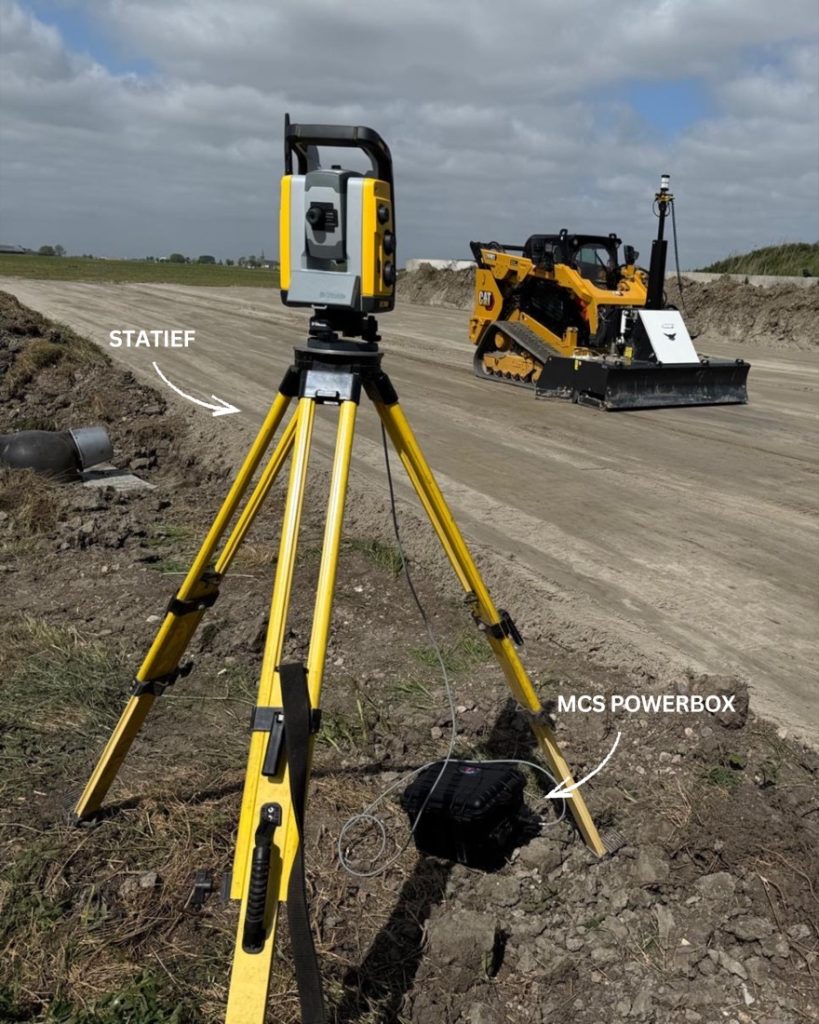 Total station bij een schranklader met dozerbord