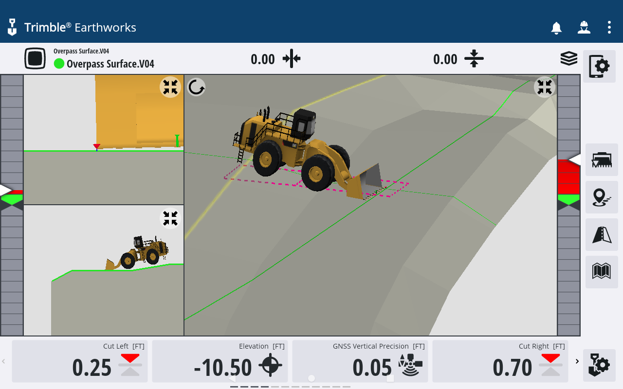 Trimble Earthworks-scherm met dwarsprofiel en 3D-weergave van een wiellader op een talud