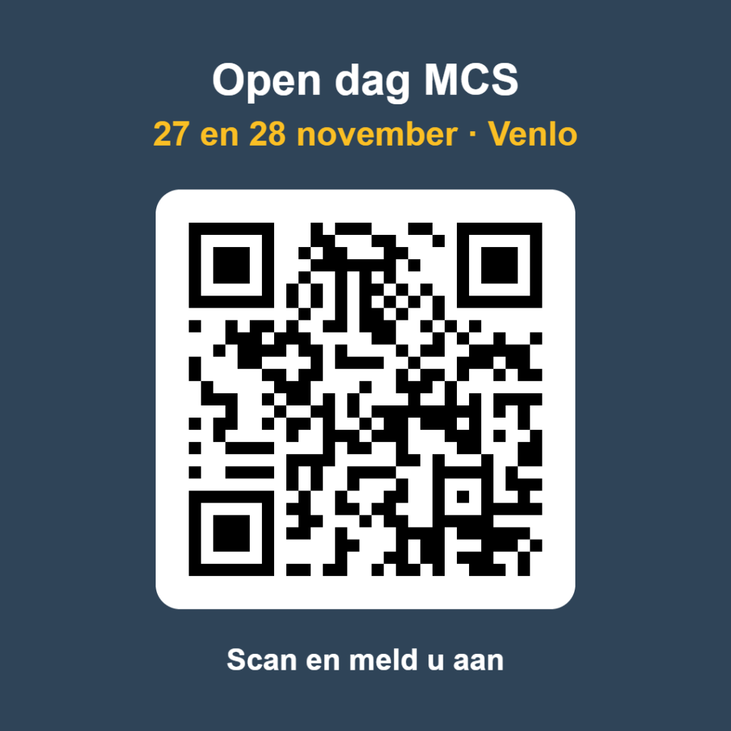 QR-code om u aan te melden voor de open dag van MCS op 27 en 28 november in Venlo